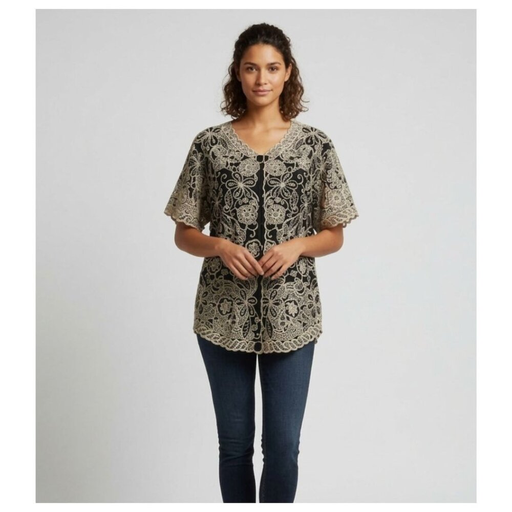 SALOOS Embroidered/Cut Work Black/CreamLace Blouse Button Front Short Sleeve XL